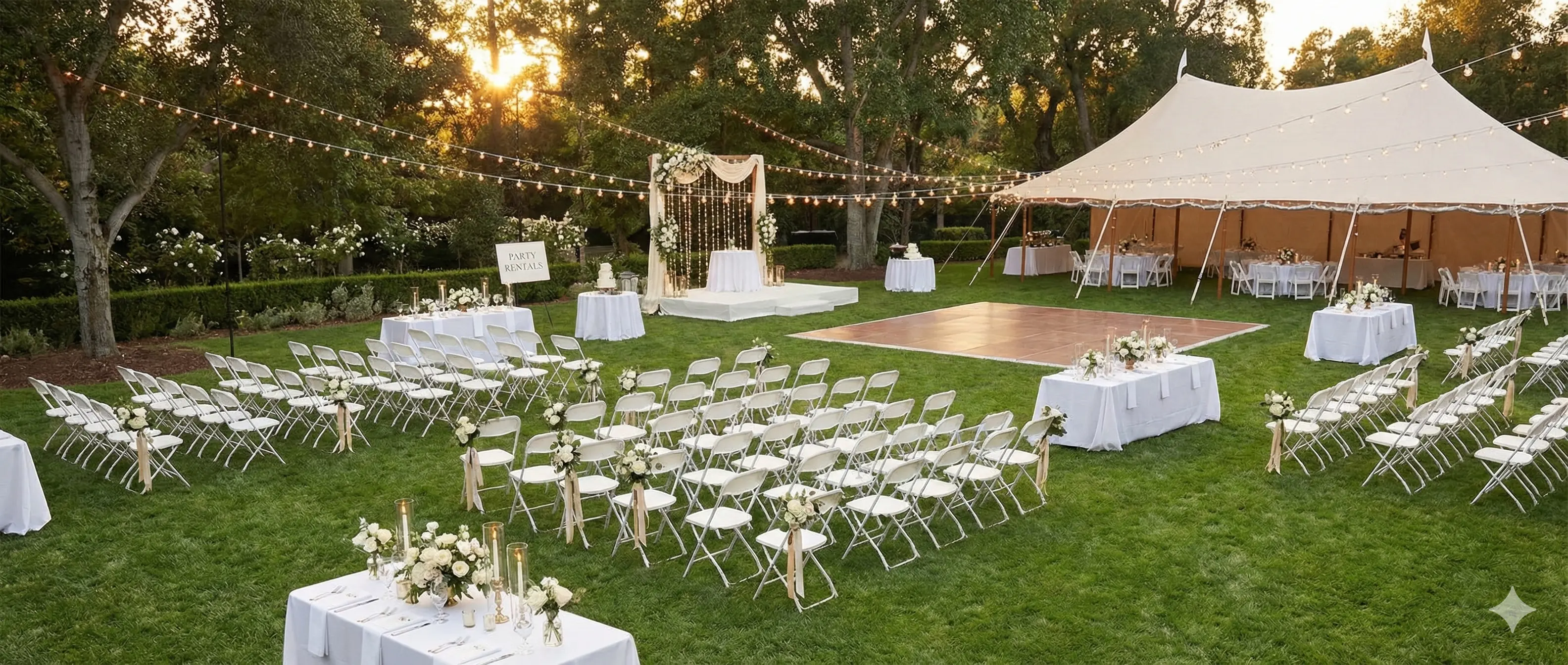 Outdoor event with white folding chairs