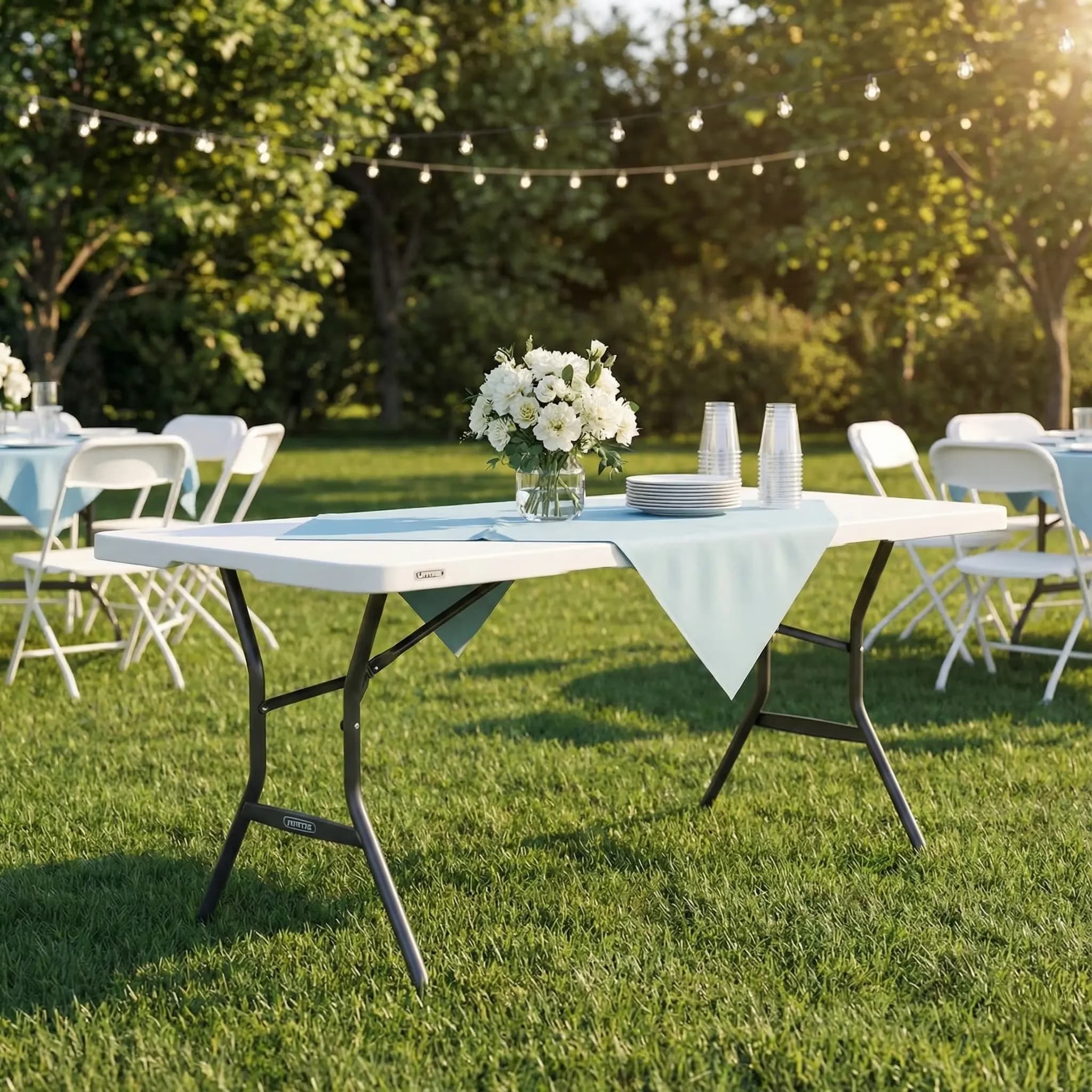 Outdoor event setup with folding tables and chairs